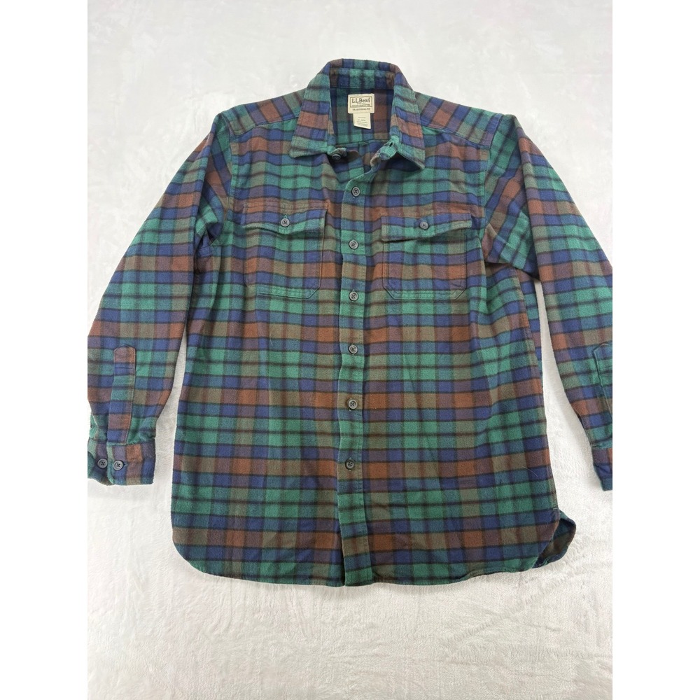 L.L. Bean Flannel Shirt Mens M REG Button Up Green Blue Brown Plaid Traditional